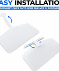 Clear Wire Shelf Label Holders 3.4 Inch Kit with snap on clips showing easy installation onto wire shelves.