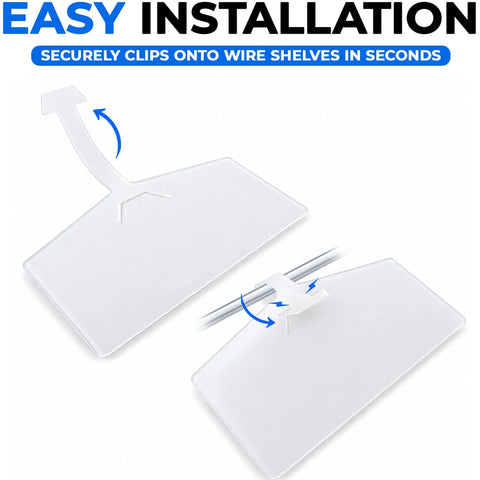Clear Wire Shelf Label Holders 3.4 Inch Kit with snap on clips showing easy installation onto wire shelves.