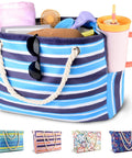 Large Beach Bag For Women Waterproof And Sandproof With Zipper Wet Pocket Beach Tote, blue striped with contents visible.