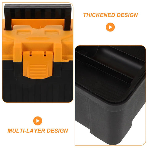 Rugged Multilayer Plastic Toolbox With A Secure Snap Latch and Spacious Yet Compact Shape showing thickened top design and multi-layer interior.