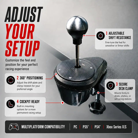 Close-up of Next Level All Metal H Pattern and Sequential Sim Racing Shifter with adjustable angle and clamp features.