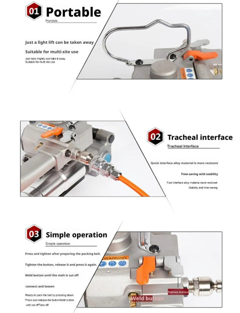 Portable Pneumatic Baler For Steel And Plastic Strapping Lightweight Warehouse Packing Machine With Kickass Alloy Durability And Simple Two Button Operation No Sweat Setup Gets The Work Finished Fast, showcasing its portable handle and controls.
