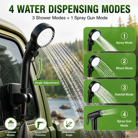 Portable Camping Shower Kit With 6000mAh Rechargeable Battery Smart LED Display Four Spray Modes IPX7 Waterproof Outdoor Pump