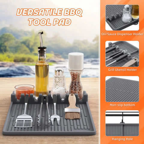 Silicone Griddle Tools Mat For Blackstone Griddles Outdoor Grill Side Shelf Organizer With Seasoning Jar Holder shown with utensils.