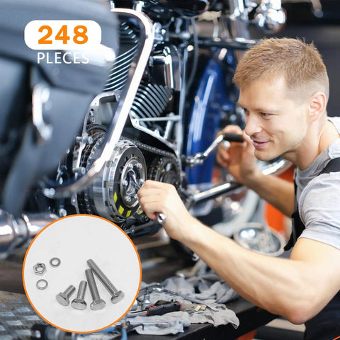 Man using Heavy Duty 248Pcs Metric Bolt Set In 304 Stainless Steel M6 M8 M10 Nuts And Bolts Kit With Flat And Spring Washers on motorcycle
