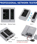 Professional network tester kit with main and remote units, RJ11 and RJ45 ports, powered by a 9V battery (not included)