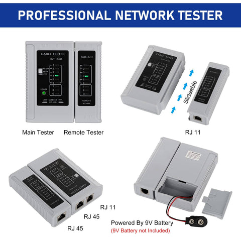 Professional network tester kit with main and remote units, RJ11 and RJ45 ports, powered by a 9V battery (not included)