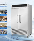 Heavy Duty 49 Cubic Foot Commercial Reach In Refrigerator Two Door Fridge Cooler with dimensions 83.7" height and 54" width.