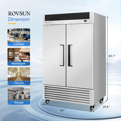 Heavy Duty 49 Cubic Foot Commercial Reach In Refrigerator Two Door Fridge Cooler with dimensions 83.7" height and 54" width.