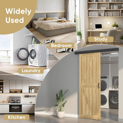 Image showing various room setups using 5-Foot Sliding Barn Door Track Kit With Handles, Aluminum Box Rail, Black Finish, for doors up to 30 inches wide.