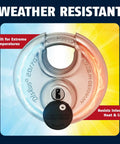 Weather-resistant Diskus 20 To 70mm Padlock With Key, 70mm heavy duty stainless steel lock, shown with key, withstands extreme temperatures.
