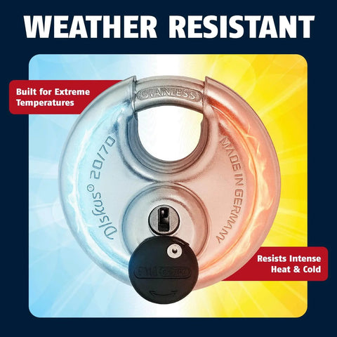 Weather-resistant Diskus 20 To 70mm Padlock With Key, 70mm heavy duty stainless steel lock, shown with key, withstands extreme temperatures.