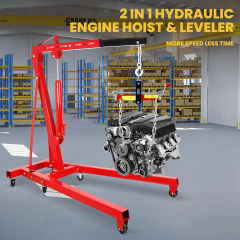 Heavy Duty 2 Ton Engine Hoist With Retractable Telescopic Boom And Six Rolling Caster Wheels Portable Hydraulic Cherry Picker hoisting an engine in a shop.
