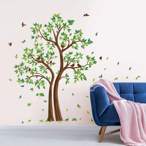 Green Tree Wall Stickers With Flying Leaves And Birds For Bedroom And Living Room TV Background Decor Waterproof And Easy To Peel Removable Wall Decals That Create A Bright Nature Inspired Space Vibe in a living room