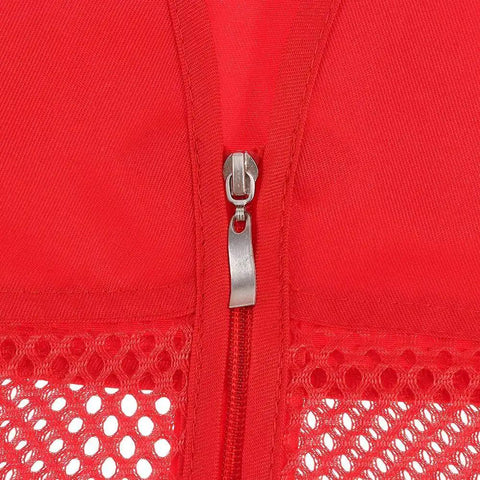 Top Shelf High Visibility Safety Vest Built To Last In Bold Red Mesh Heavy Duty Work Wear showing zipper detail and breathable mesh.