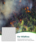 Image showing a wildfire burning through a forest with smoke, featuring a close-up of a filter. Text reads: 'For Wildfires'.