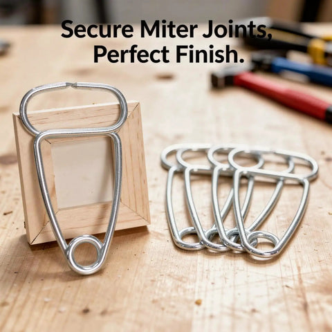 A Sweet 12 Piece Stainless Steel Miter Spring Clamp Kit With Pointed Tips For Tight Grip On Woodworking, DIY Crafts, Frame Molding, And Trim Glue Drying Projects To Keep Things Solid And Secure While You Chill. stainless steel miter clamp on wood frame, 12pc set