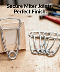 Heavy Duty 12 Piece Stainless Steel Miter Spring Clamp Kit With Pointed Tips For Woodworking And Trim Projects Strong Grip Fastener Holds Glued Frames Tight While Drying Perfect For DIY Crafters And Pros Alike. stainless steel miter clamp on wood frame