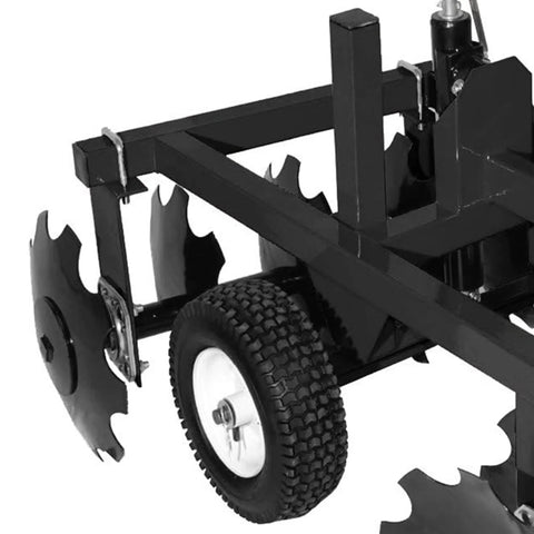 Tow Behind Disc Harrow For ATV UTV And Utility Tractors 33 Inch Wide with 12 Inch pneumatic tires and replaceable blades close-up