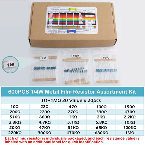 600Pcs One Quarter Watt 30 Value 1% Precision Metal Film Resistor Kit Set 10 Ohm To 1 Mega Ohm box with labeled bags