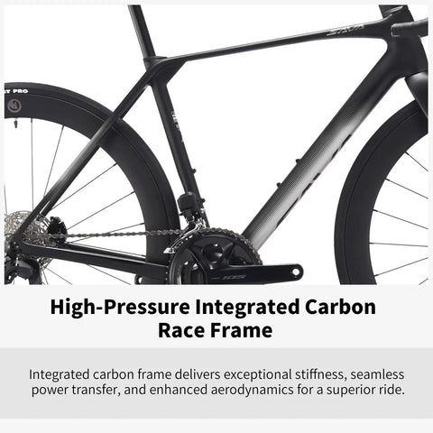 Side view of Lightweight Carbon Road Bike With T1000 Reinforced Frame And Carbon Fork And Seat Tube, black and gray 47cm, Shimano 105 Di2
