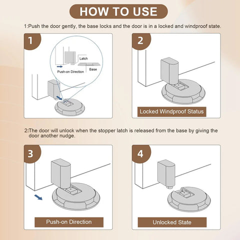 How to use Kickass Magnetic Door Stopper Windproof Floor Hold Open Latch with installation steps and instructions.