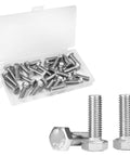 25 Pack M8 Hex Bolts M8x25mm 304 Stainless Steel Heavy Duty Fasteners in a transparent case with two bolts displayed.
