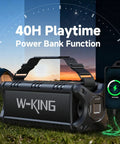 90W Peak Portable Bluetooth Speaker With Beastly Bass Subwoofers And Punchy HD Sound, IPX6 Waterproof, 40 Hour Playtime shown outdoors.