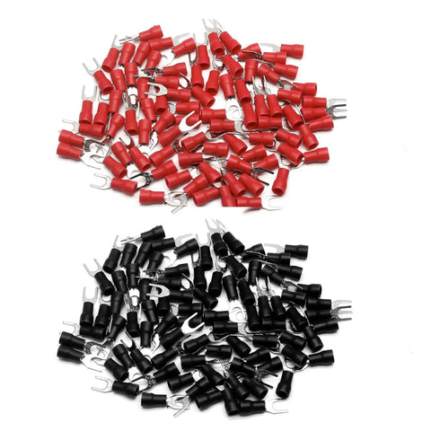 200 Pcs Insulated Fork Spade Wire Connectors 22 To 16 AWG U Type Crimp Terminals Red And Black Stud Size Eight Heavy Duty Tin Brass.