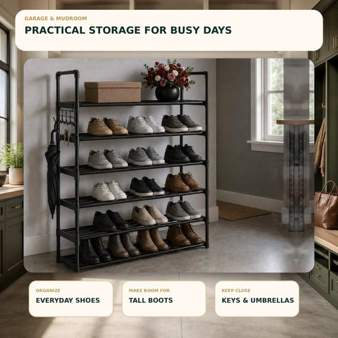 Solid Six Tier Metal Shoe Rack Adjustable Stackable Boot And Sneaker Storage Shelf With Hooks Hallway Flex Closet Refresh No Drama Easy Setup Black Frame Entryway Organizer