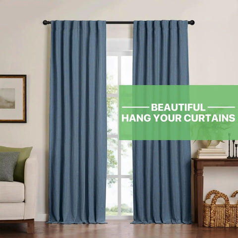 Adjustable Curtain Rod Set 28 To 48 Inch Five Eighth Inch Matte Black With Brackets Splicing Metal Drapery Rod holding blue curtains