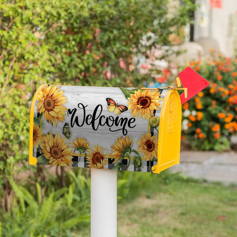 Sunflower Butterfly Welcome Mailbox Cover Magnetic 21 By 18 Inches Standard Size Rustic Farmhouse Post Box Wrap in garden setting.