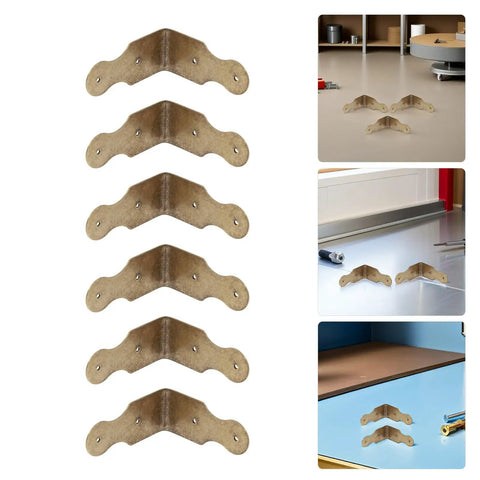 Six Pack L Shaped Brass Corner Protectors for jewelry boxes with antique bronze finish shown in different angles and placements.