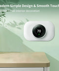 Thermostat Wall Plate Cover And Trim Kit For First, Second, And Third Gen Smart Thermostats, Snow Finish, Easy Install displayed on wall