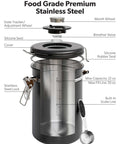 Exploded view of Airtight Stainless Steel Coffee Canister With Window 22 Oz, showing components and features like date tracker and seals.
