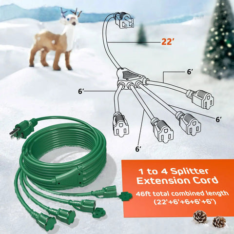 Diagram of 1 to 4 Outlet Splitter Extension Cord with Weatherproof Covers, 46 ft total length, showing 22 ft leader and four 6 ft legs.