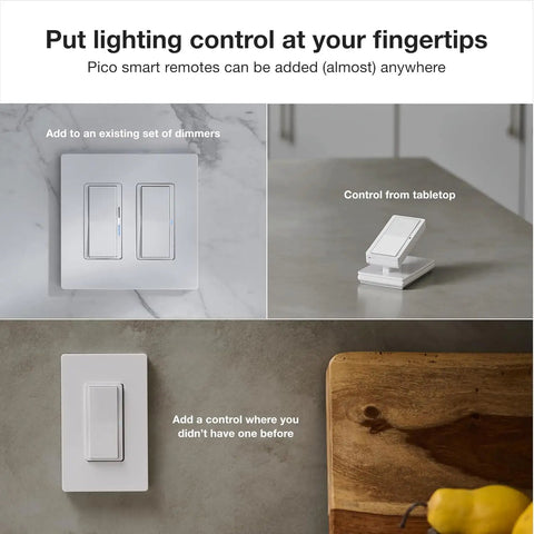 Caseta Smart Dimmer Switch Starter Kit with Smart Hub, Pico Remote, and No Neutral Wire Required, showcasing installation options