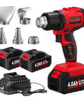 Cordless Heat Gun With Fast Heat Up, Two Temp Settings, Up To 550 C, Includes Five Nozzles And Two 4.0Ah Batteries, charger shown