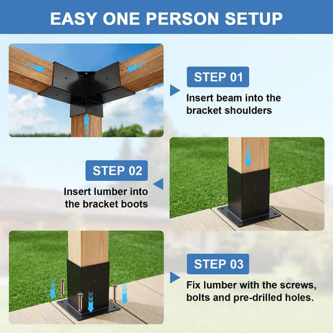 Step-by-step assembly of Heavy Duty Pergola Kit With 3 Way Corner Brackets DIY Gazebo Hardware Kit For Patio And Backyard Durable Outdoor Pergola Brackets Set For Easy Assembly And Long Lasting Support In Sun And Rain.