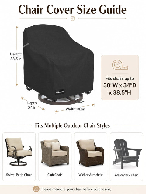 Beefy All Weather Swivel Patio Chair Covers 2 Pack Waterproof Outdoor Furniture Covers For Rain Snow And Sun Protection, Fits 30 W X 34 D X 38.5 H Inch Swivel Chairs, Black size guide