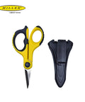 Fiber Optic Kevlar Cutter Scissors with Belt Loop Pouch shown separately, yellow and black handle, 6-inch length.