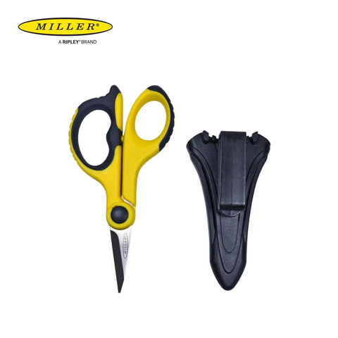 Fiber Optic Kevlar Cutter Scissors with Belt Loop Pouch shown separately, yellow and black handle, 6-inch length.