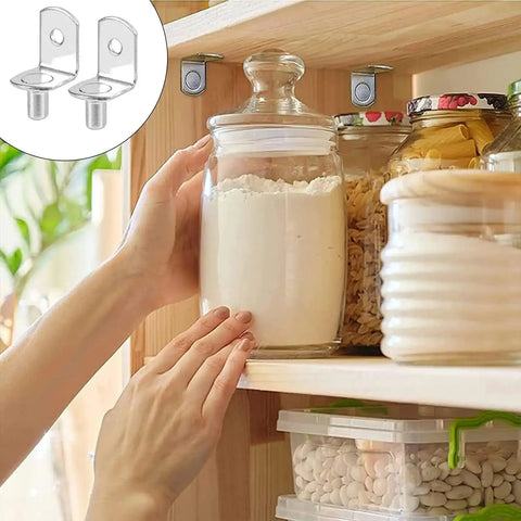 Fifty Piece Bad Boy Metal Shelf Support Pegs And Slick L Shaped Cabinet Clips With Silicone Sleeve For Straight Forward Wood Shelving And Kitchen Furniture Build in action on a pantry shelf.