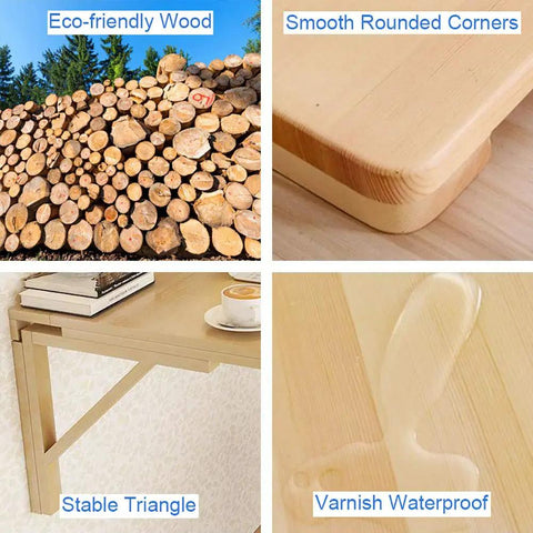 Fold Away Wall Table In Natural Wood, 31.4 By 23.6 Inches, details showing eco-friendly wood, smooth corners, waterproof surface.