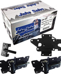 Black Vinyl Fence Gate Hardware Kit With Self Closing Parts And Heavy Duty Hinges Paired With A Lockable Latch on packaging and components