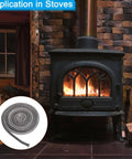 Front view of black wood stove with glass door; inset shows 3/8 in x 118 in round graphite fiberglass gasket rope.