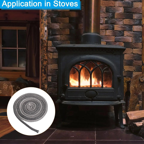 Front view of black wood stove with glass door; inset shows 3/8 in x 118 in round graphite fiberglass gasket rope.