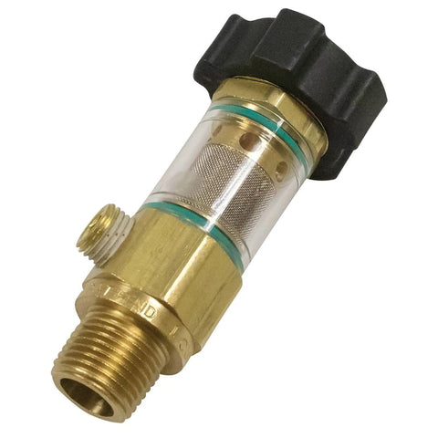 Gold Inlet Filter For Water Pump Model 758523 Durable Inline Intake Screen with clear casing and black knob.