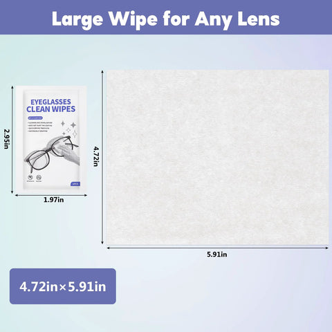 Front view of 200-pack large eyeglasses cleaning wipes, pre-moistened and individually wrapped, 4.72x5.91 in.