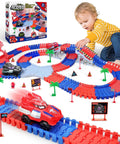 Child playing with Awesome Spider Themed Race Track Toy With Flexible 212 Piece Car Track And Two Spider Cars STEM DIY Track